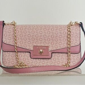 Guess Pink Logo Chain Shoulder Bag with Gold Hardware